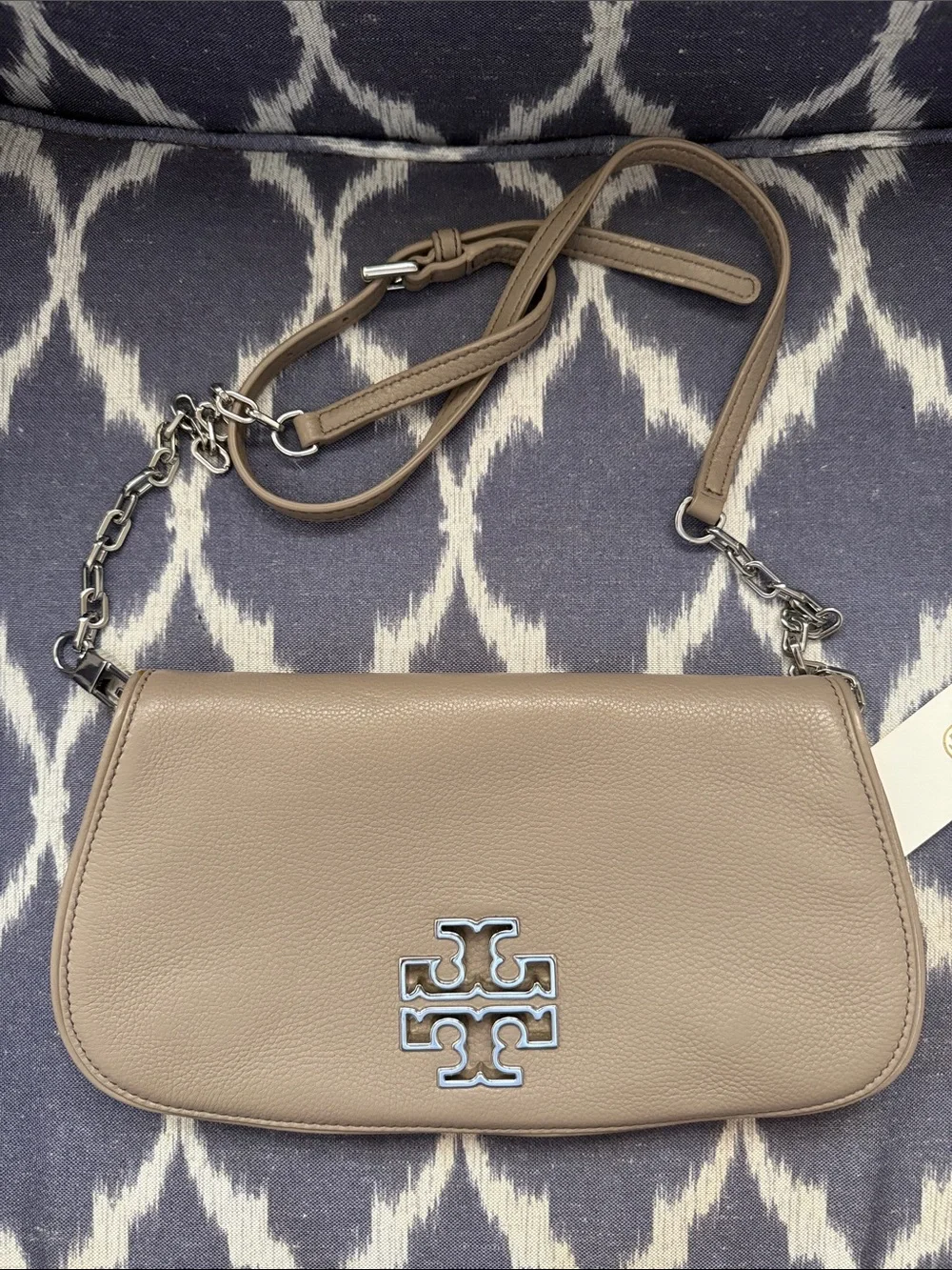 Tory Burch Taupe Pebbled Leather Logo Clutch